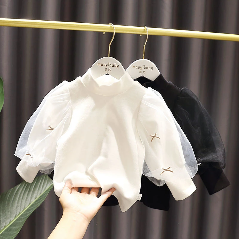 女宝网纱灯笼泡泡袖打底衫2023春秋冬新款韩版洋气公主半高领T恤