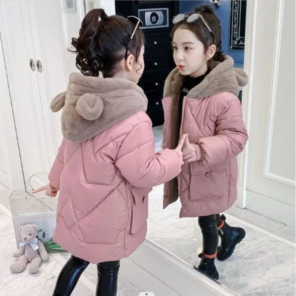 2023新款女童棉服加厚加绒冬装儿童中大童棉衣可爱中长款洋气外套