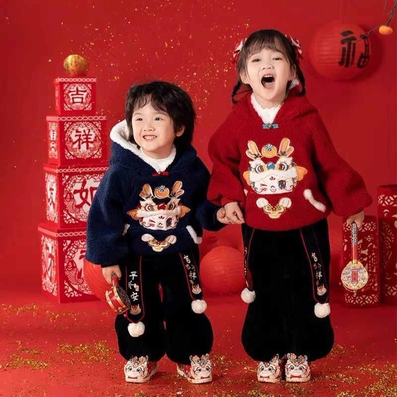 儿童唐装套装冬装2023新款男女宝宝加绒加厚卫衣喜庆拜年服两件套