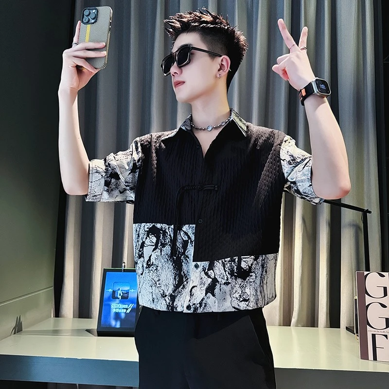 夏季冰丝衬衫男短袖休闲痞帅扎染拼接衬衣2025新款男士高级感上衣