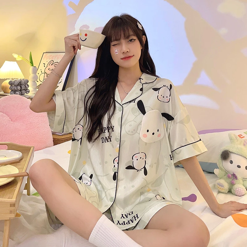 夏季冰雪软丝卡通可爱开衫短袖短裤女款睡衣家居服可外穿21357