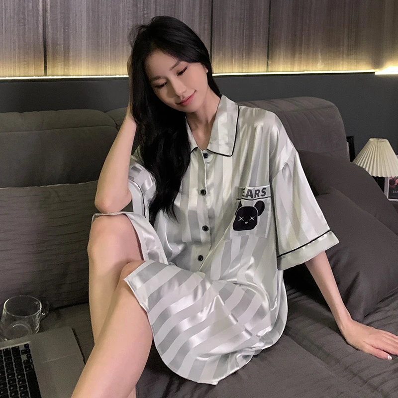 夏季冰雪软丝卡通可爱开衫短袖女款睡裙21339