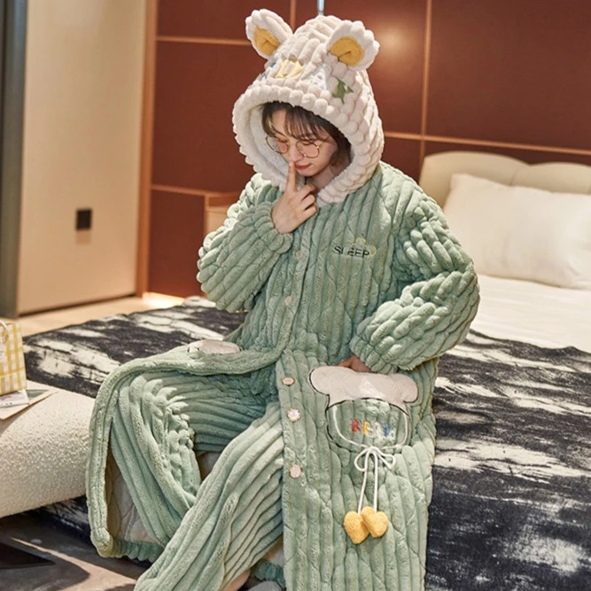 秋冬季加绒加厚三层夹棉卡通连帽女款长款睡袍睡衣家居服套装1216