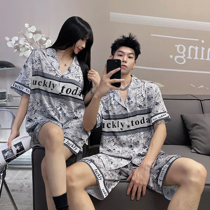 夏季冰雪软丝卡通可爱开衫短袖短裤情侣款睡衣家居服可外穿21371