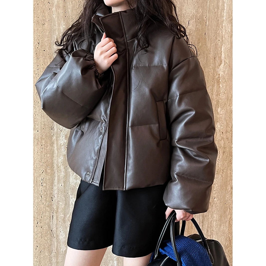 雪中飞黑色皮衣服女年秋冬季韩版短款小个子立领面包服外
