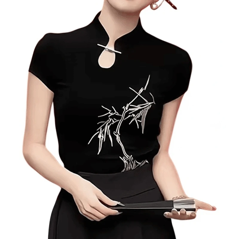 福利款竹纹绣花新中式复古小立领气质国风夏季高档T恤时尚小衫
