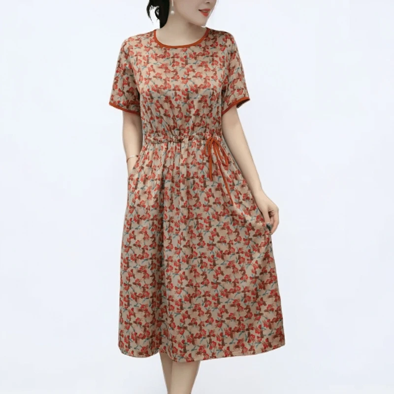 夏季裙子中年妈妈装2024新款洋气收腰显瘦宽松碎花中长款连衣裙