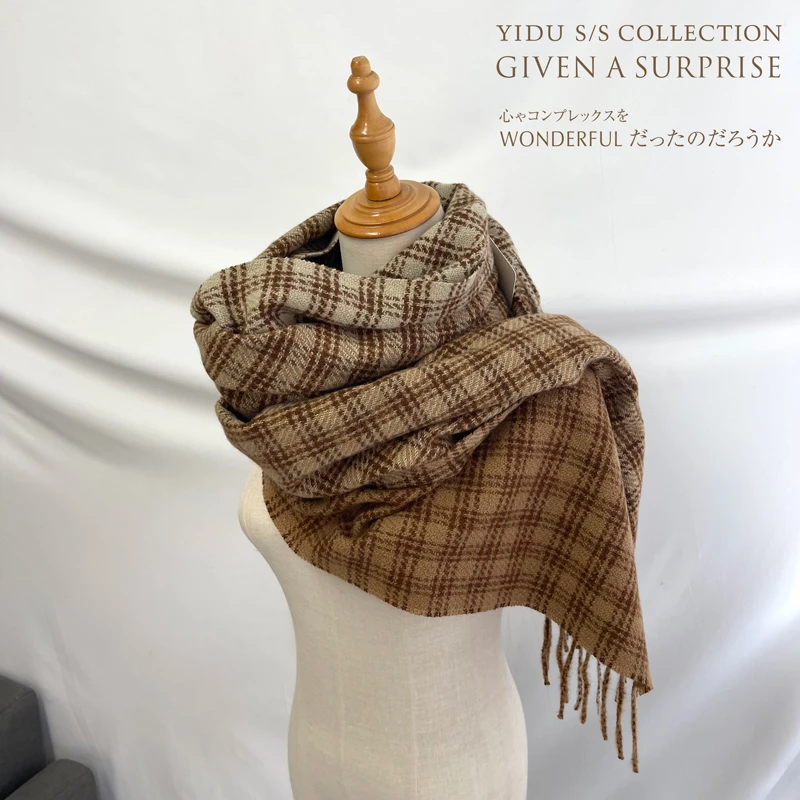 冬季复古拼色百搭日系流苏格子围巾双面保暖柔软舒适围脖披肩