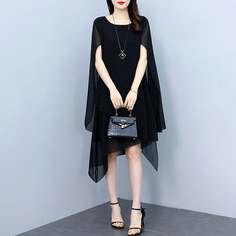 2024夏季新款女装胖mm仙女裙时尚洋气斗篷连衣裙宽松遮肚雪纺裙子