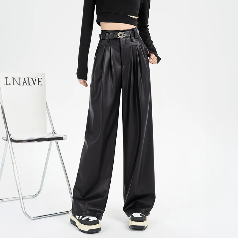 欧美复古百搭休闲PU皮裤女秋冬黑色高腰宽松显瘦垂感直筒阔腿长裤