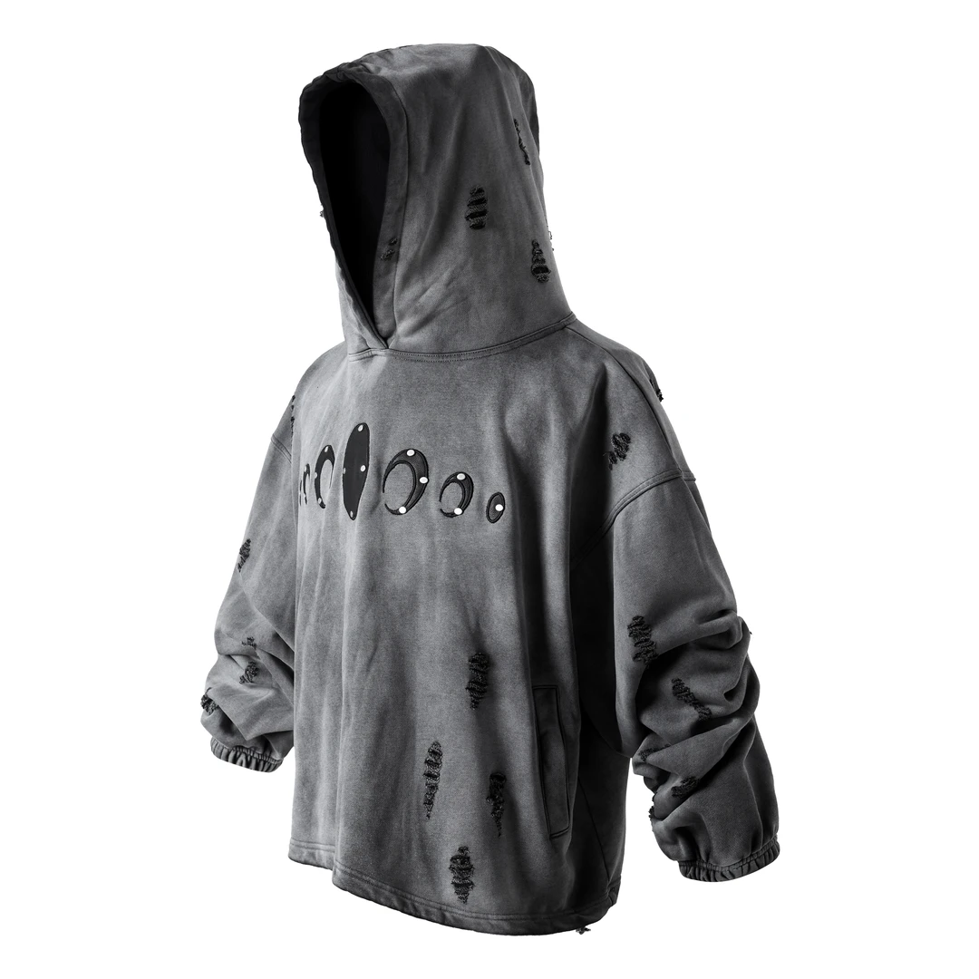 KARMANISTIC 美式复古水洗短宽连帽卫衣男女破洞设计感铆钉上衣潮