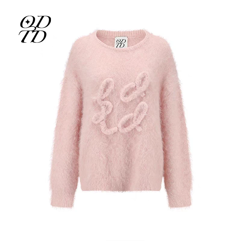 ODTD 24秋冬新款手工羊驼毛logo盘花宽松套头毛衣