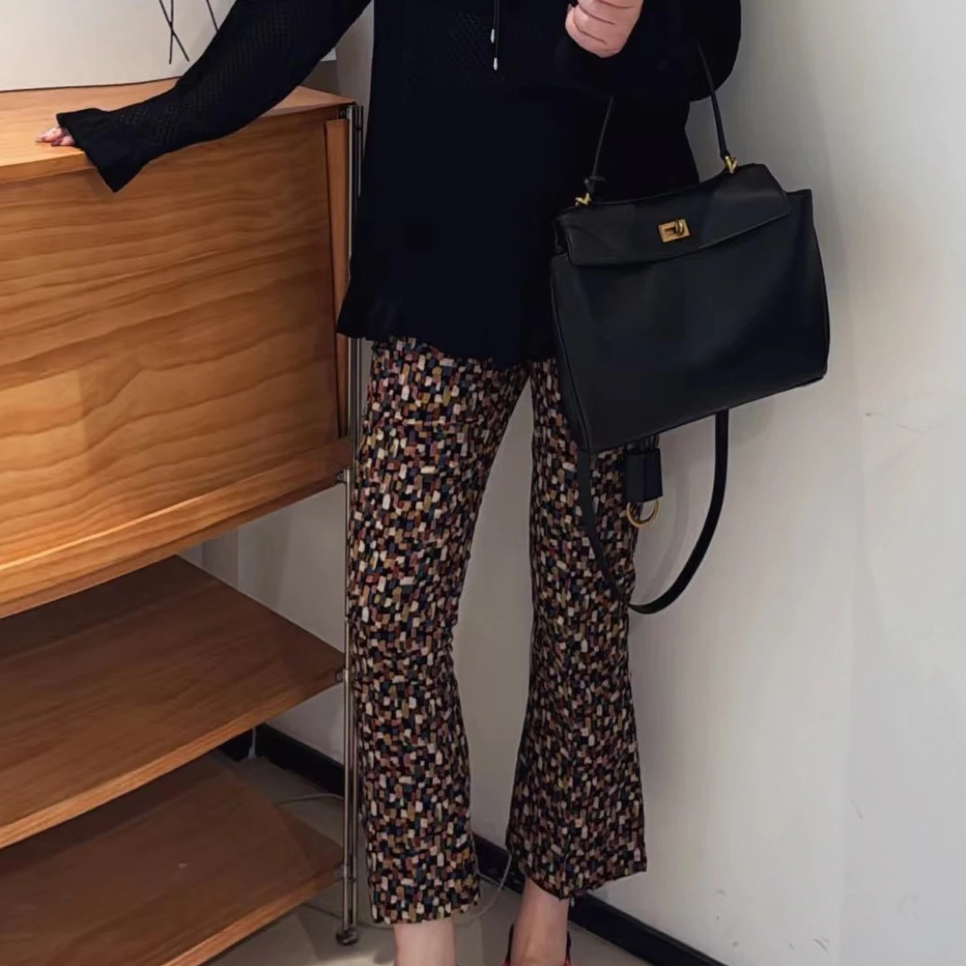 OIIORIRI 24新款复古碎花条绒九分裤微喇