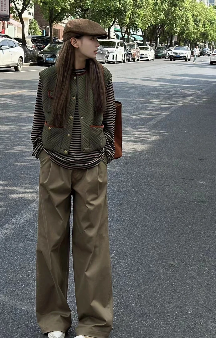 OIIORIRI 复古格纹太空压格背心上衣套装早秋