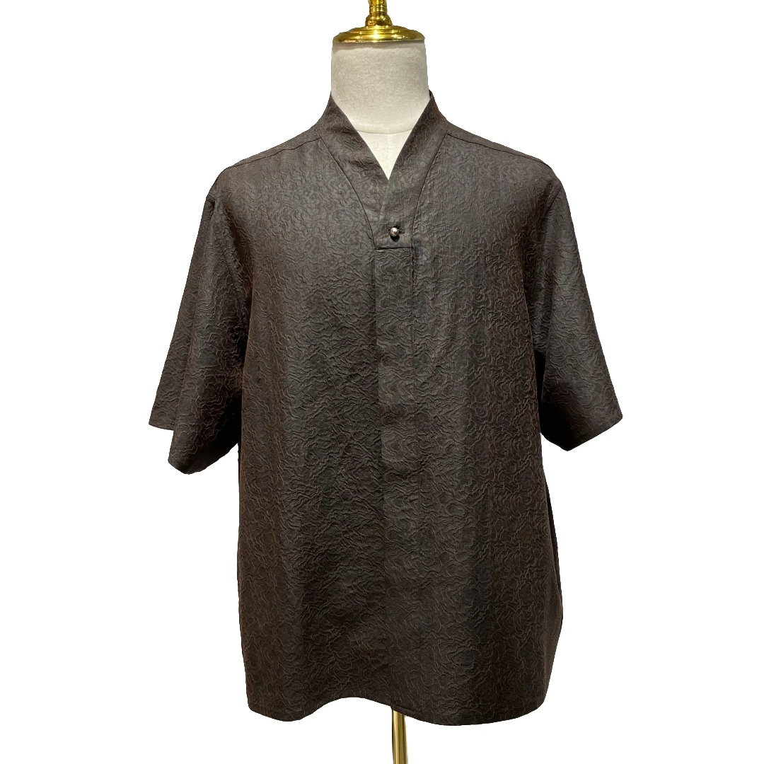 馨蕴古玥 香云纱冠乐绉休闲男装 夏季短袖男士上衣 简约宽松茶服