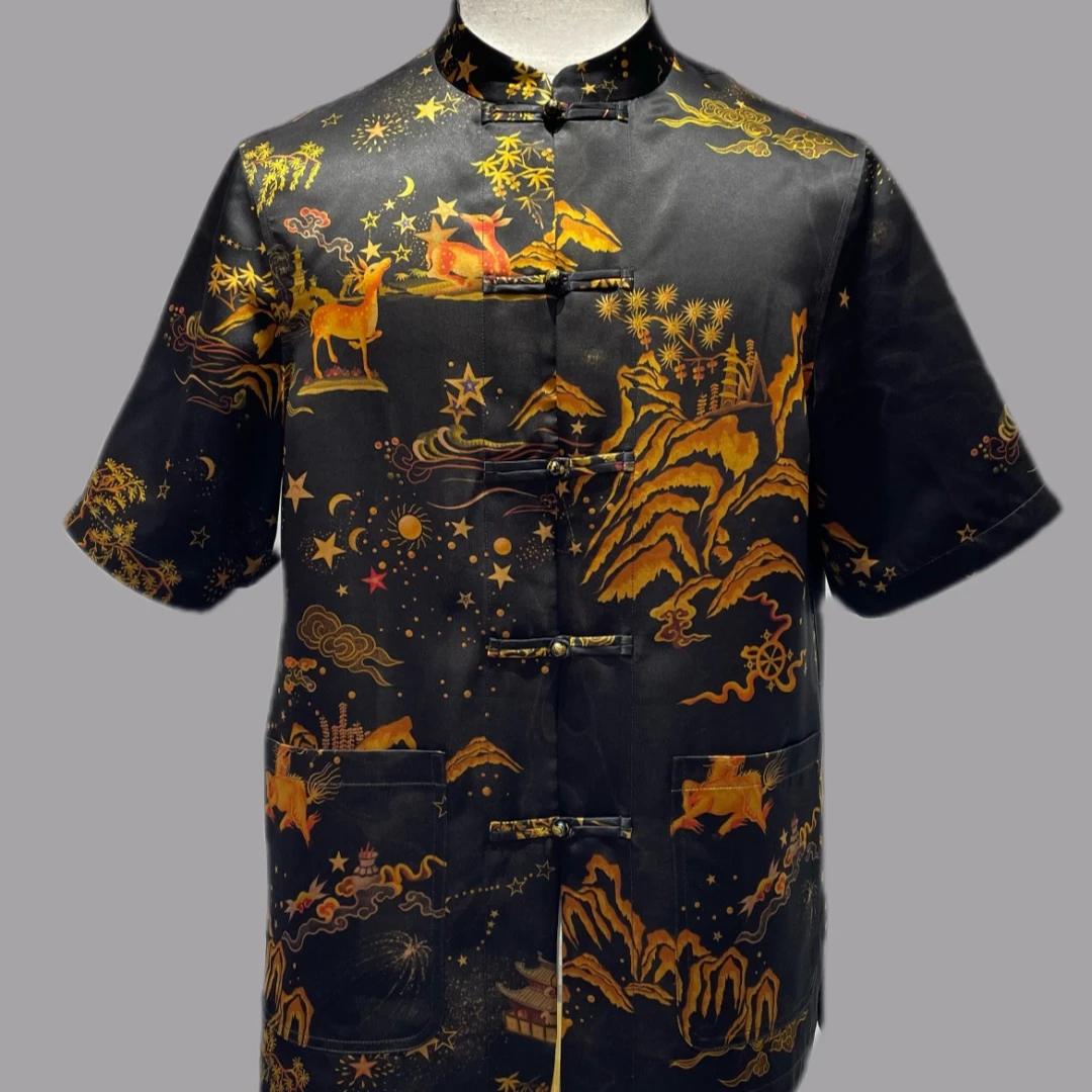 馨蕴古玥 新款重锻鹿踏祥云男装短袖  夏季男士上衣