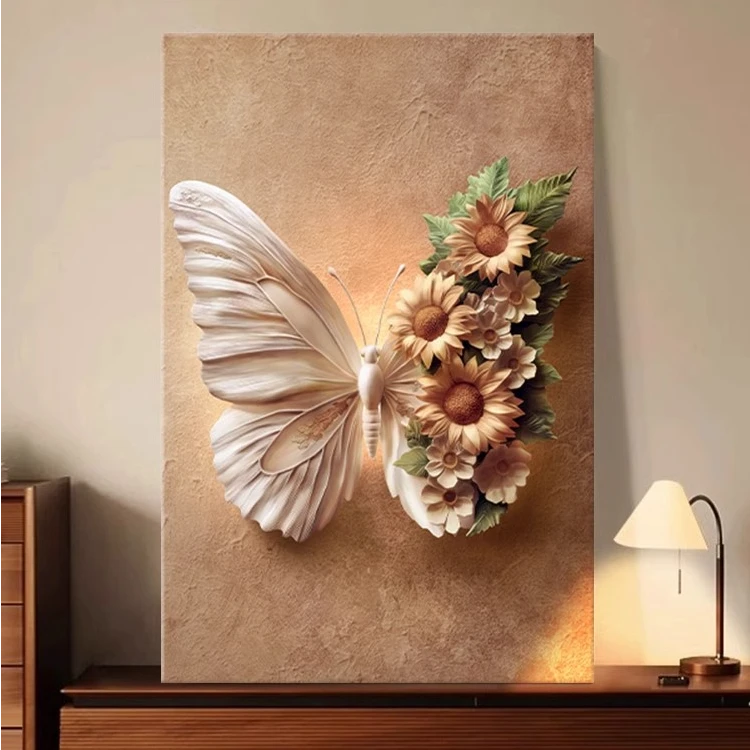 法式中古风立体浮雕肌理感客厅装饰画蝴蝶沙发背景墙壁挂画落地画