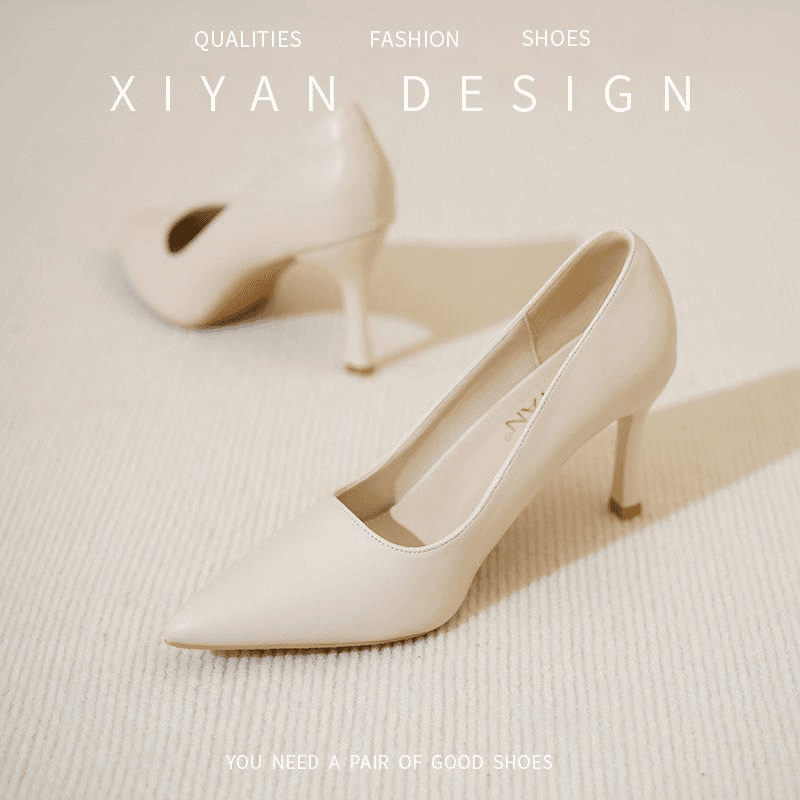 礼仪高跟鞋女细跟2023年不累脚艺考播音主持米白色尖头配裙单鞋子