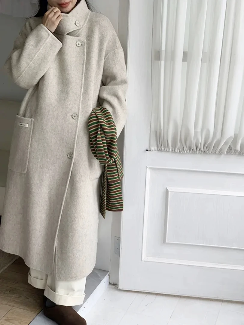 【泡芙】韩国东大门新款双面羊毛大衣中长款气质高级时尚毛呢外套