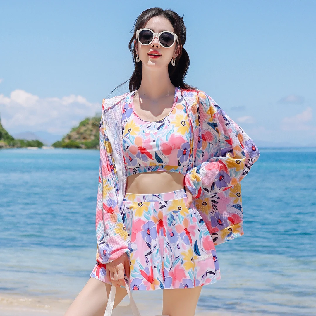 特步游泳衣女2025新款保守高级感长袖分体罩衫海边度假三件套泳装