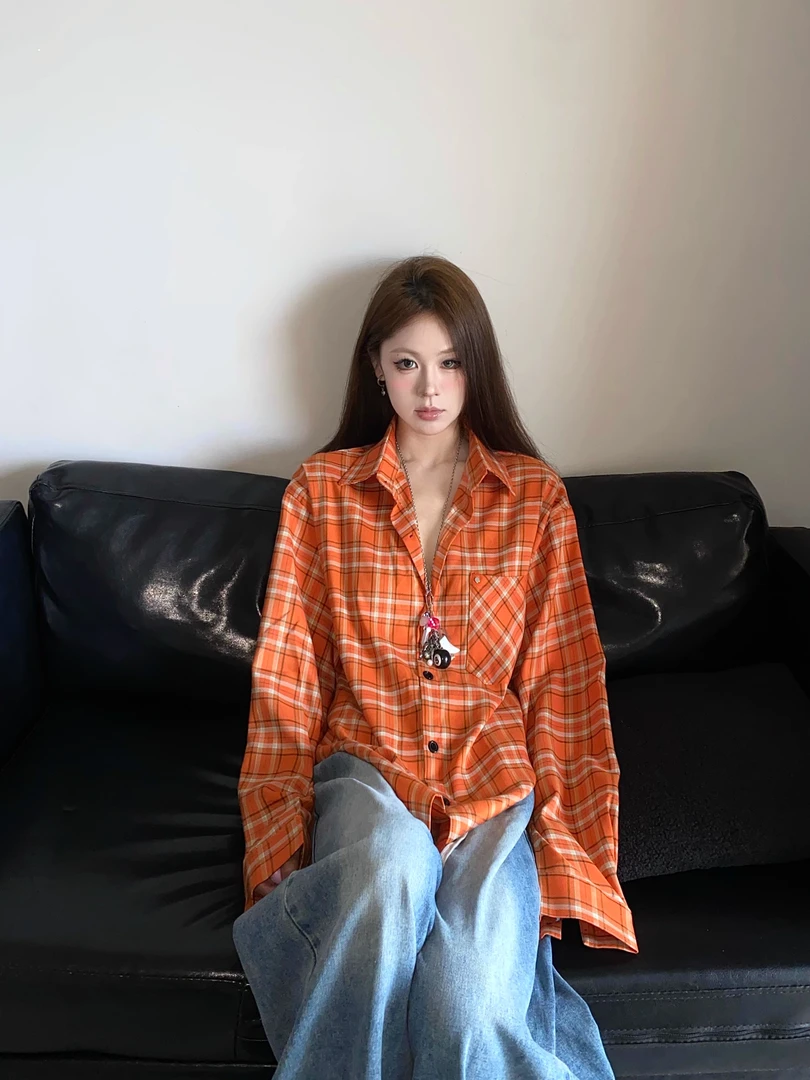 2024新款美式复古显白橘色格子衬衫外套女宽松休闲通勤防晒衬衣潮