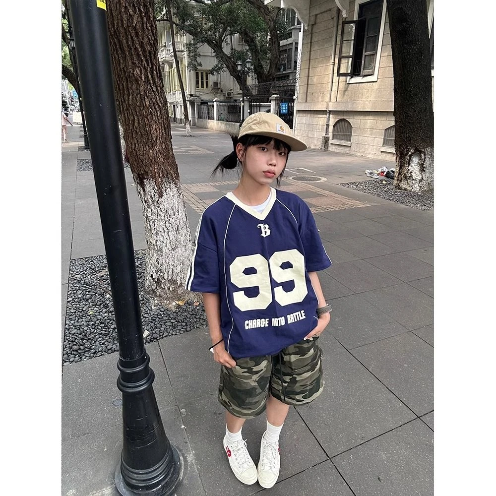 2024夏季美式复古撞色拼接V领短袖T恤运动宽松休闲情侣上衣男女款