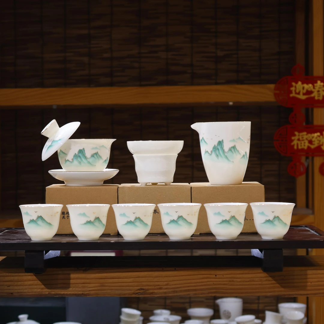 麦城羊脂玉瓷千里江山茶具套装