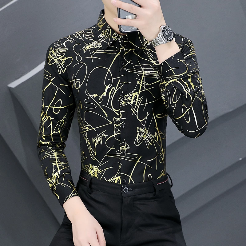 温纽旺春秋季长袖烫金花色衬衫男装修身男士休闲衬衣夜场帅气个性