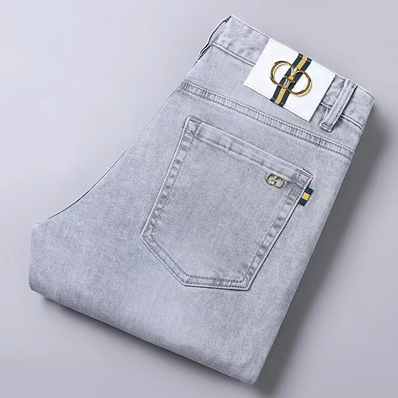 温纽旺轻奢秋季新款欧货浅灰色牛仔裤男修身小直筒潮流休闲裤子
