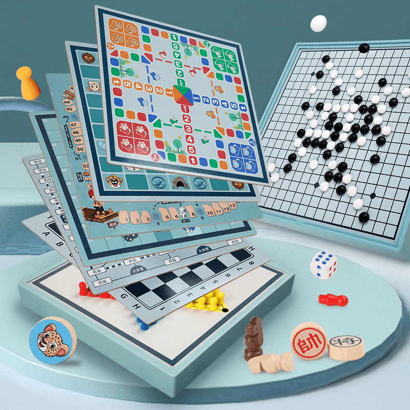 多合一多功能游戏棋跳棋飞行棋五子棋斗兽棋儿童学生益智ABS+木制