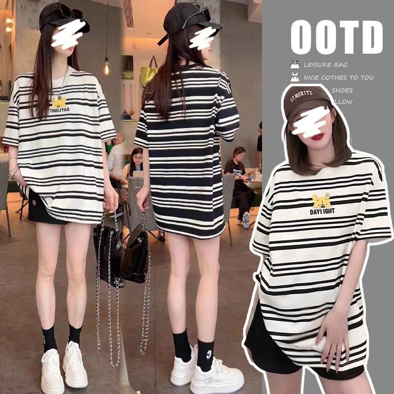 孕妇装夏装上衣2024新款条纹T恤衫宽松潮流大码中长款孕妇T恤夏季