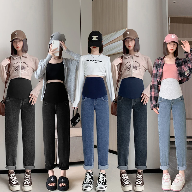 春秋新款孕妇牛仔裤子高弹力牛仔裤孕妇托腹裤宽松孕妇托腹裤