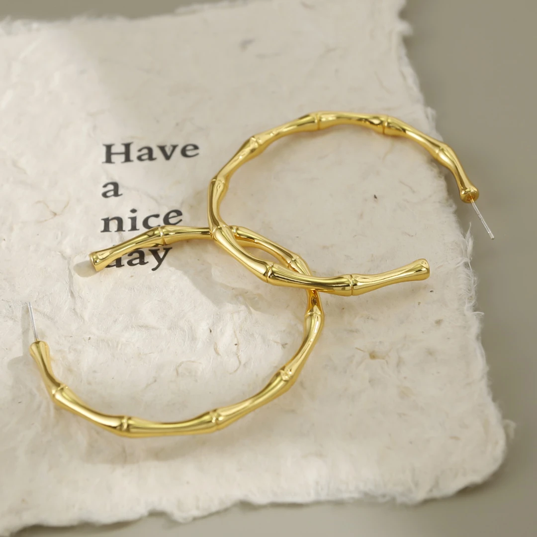 铜合金耳饰 屿希 欧美复古金色大圈C型竹节耳环925银针耳饰M0094