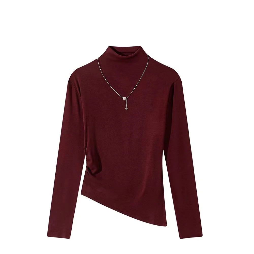 2024秋冬季新款爆款长袖t恤女简约时尚百搭项链半高领打底上衣