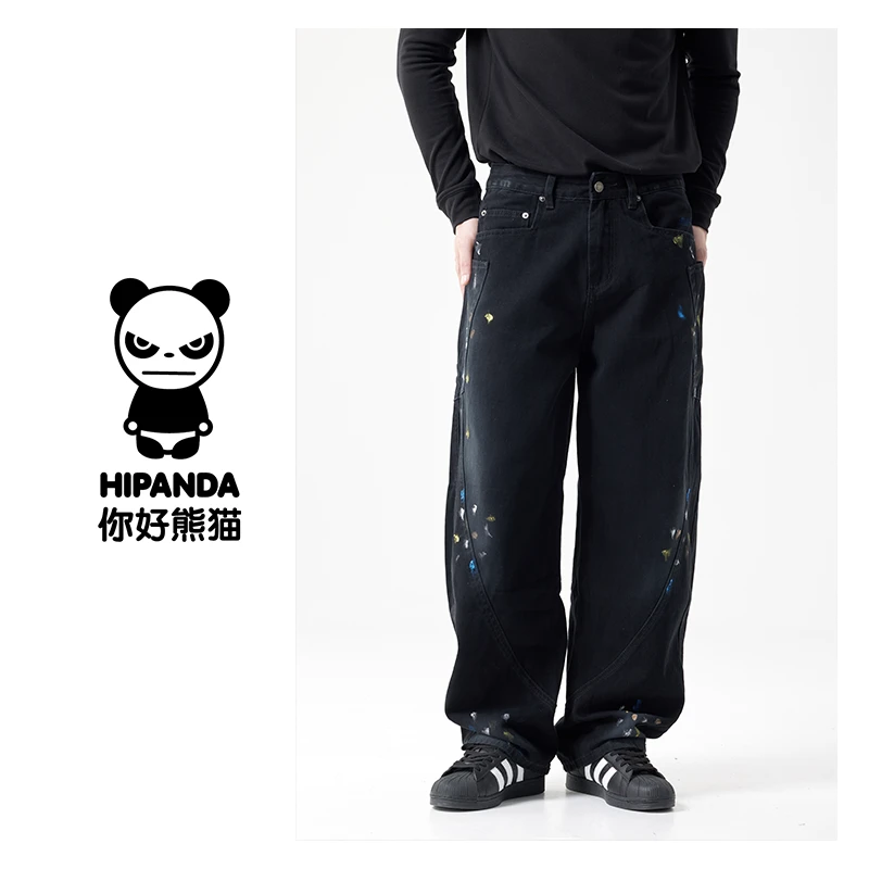 春夏季百搭痞帅重磅黑色手绘涂鸦牛仔裤男宽松美式高街阔腿弯刀裤