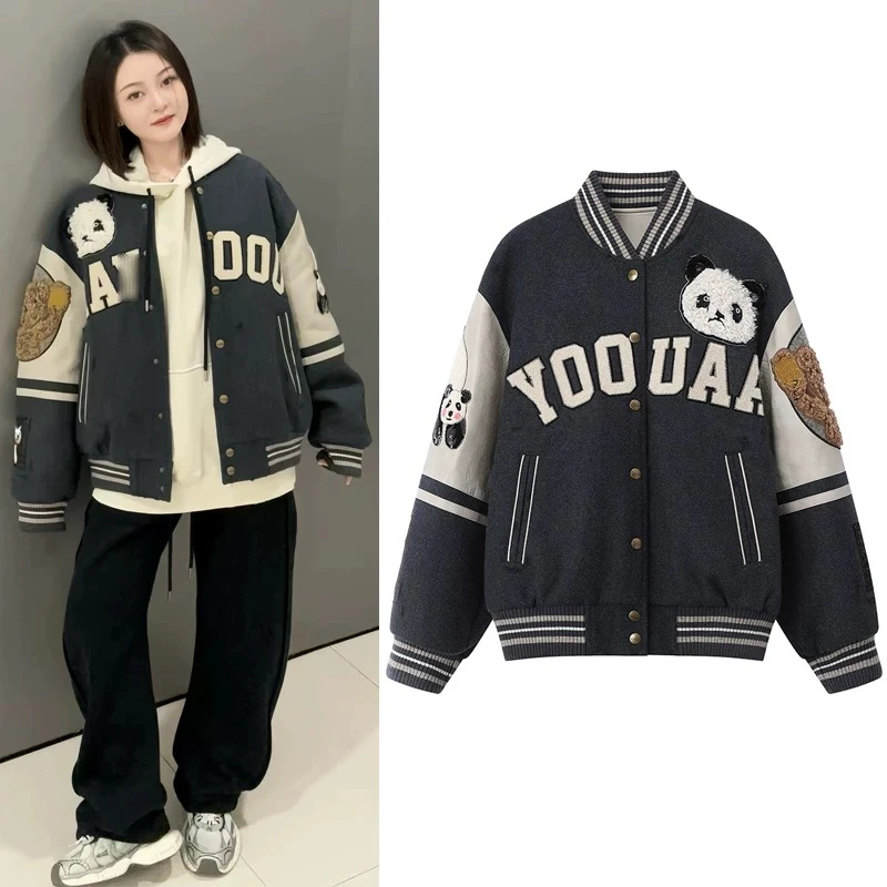1002美式棒球服夹克2024冬季卡通刺绣立领长袖保暖厚实棉服外套女