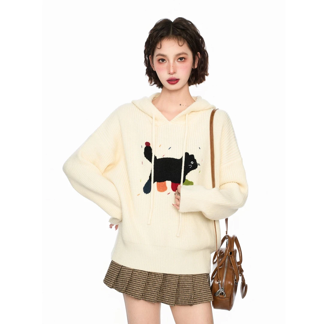 0371白色连帽套头针织毛衣女2024冬季加厚宽松慵懒风小个子卫衣