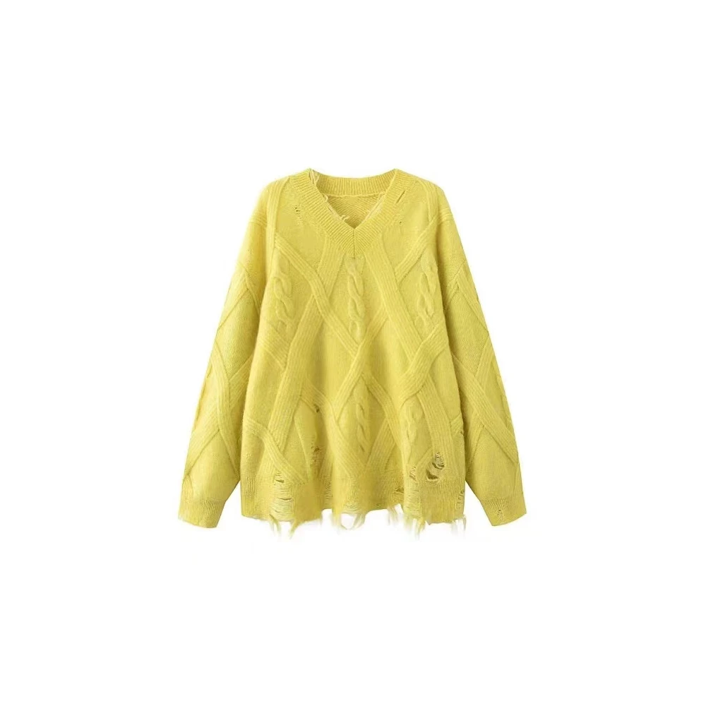 5548 新款休闲宽松破边破洞涉及毛衣针织衫女