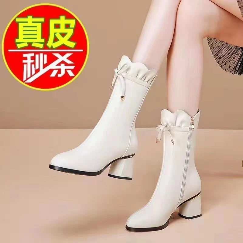 品牌断码真皮靴子女爆款粗跟中筒靴女冬季加绒骑士靴显瘦女士马丁