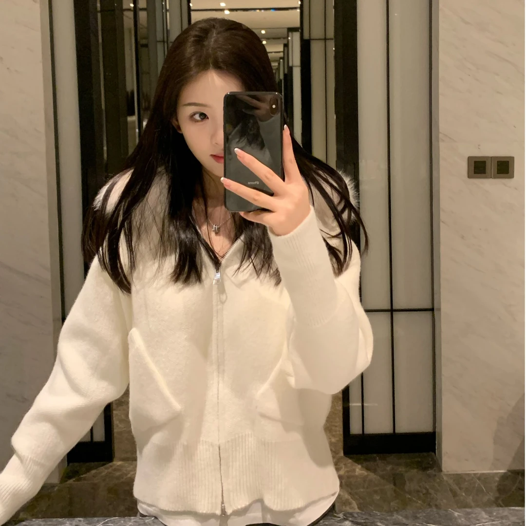 实拍正版超大毛领纯欲气质针织连帽小外套