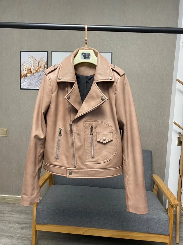 女士真皮皮衣短款修身绵羊皮机车夹克外套