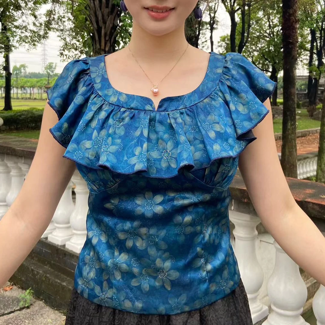 【菲菲设计款】蓝色碎花素平缎上衣 香云纱满分桑蚕丝时尚气质