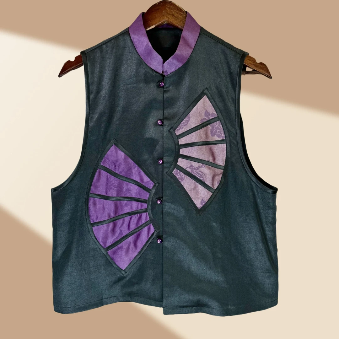 【菲菲设计款】香云纱 黑色古法皮子紫韵扇影马甲 满分蚕丝