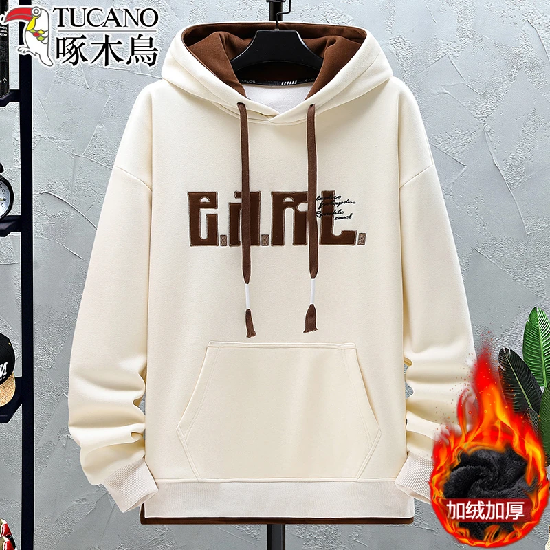 啄木鸟秋冬季新款加绒连帽卫衣男青少年潮牌休闲宽松套头加厚上衣