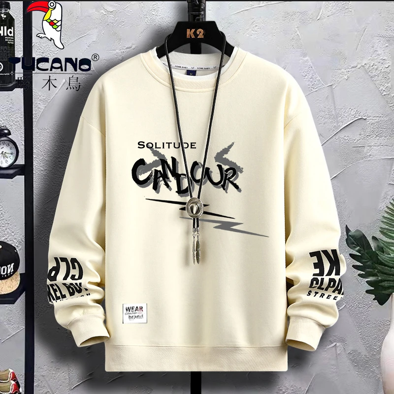 啄木鸟圆领重磅卫衣男2023春秋季新款潮牌宽松套头印花休闲长袖男