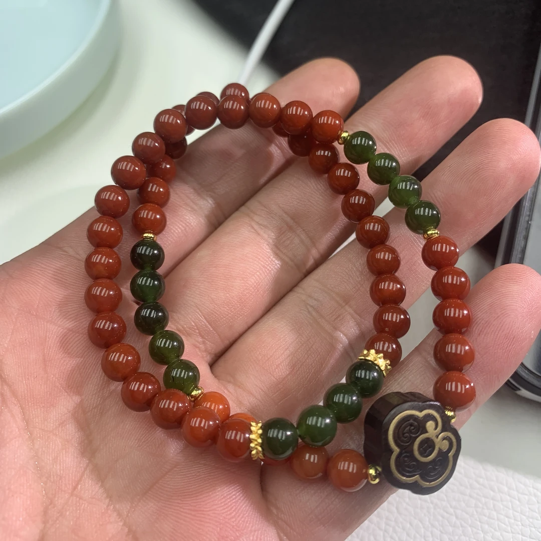 A005天然南红红色玛瑙6mm➕碧玉6mm设计款手串手链时尚多圈女士款