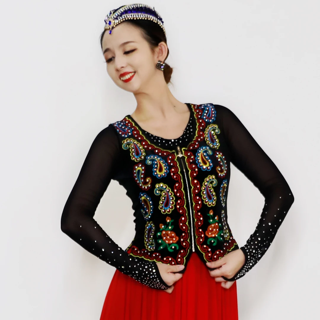 【夏一雯】新疆舞蹈服维族舞金丝绒刺绣烫钻腰果花后背刺绣高定马甲