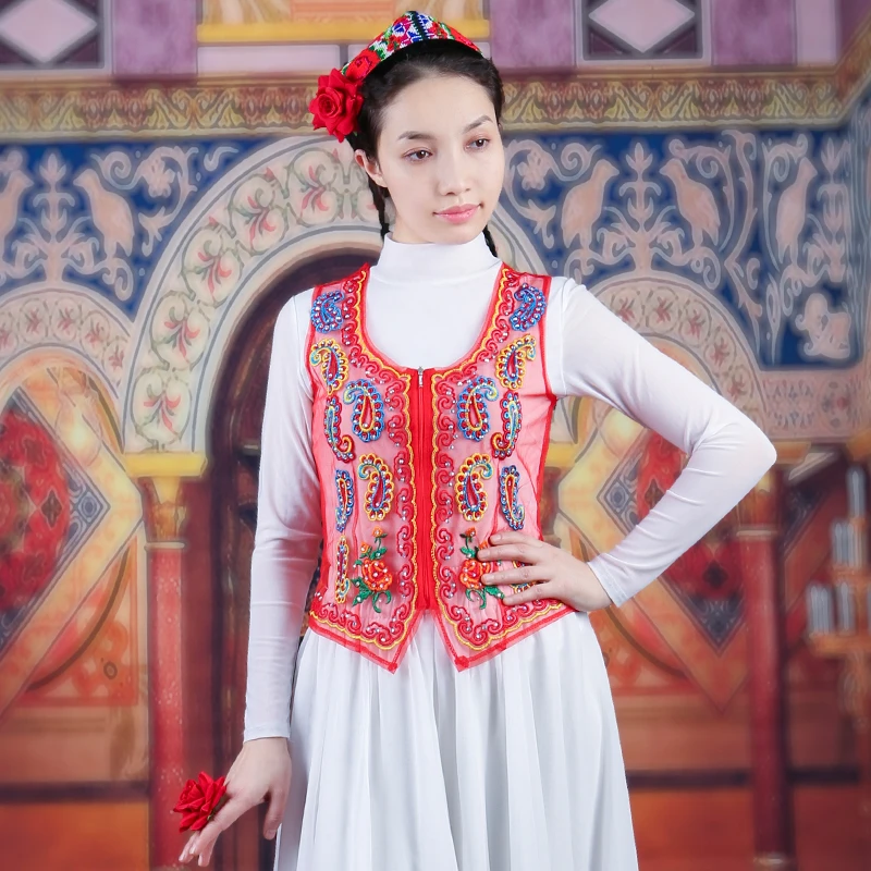 [白小白]新疆舞蹈服舞台服广场舞女士重工刺绣短款烫钻网纱马甲