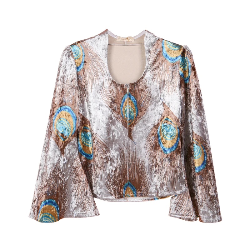 羽毛喇叭袖丝绒上衣