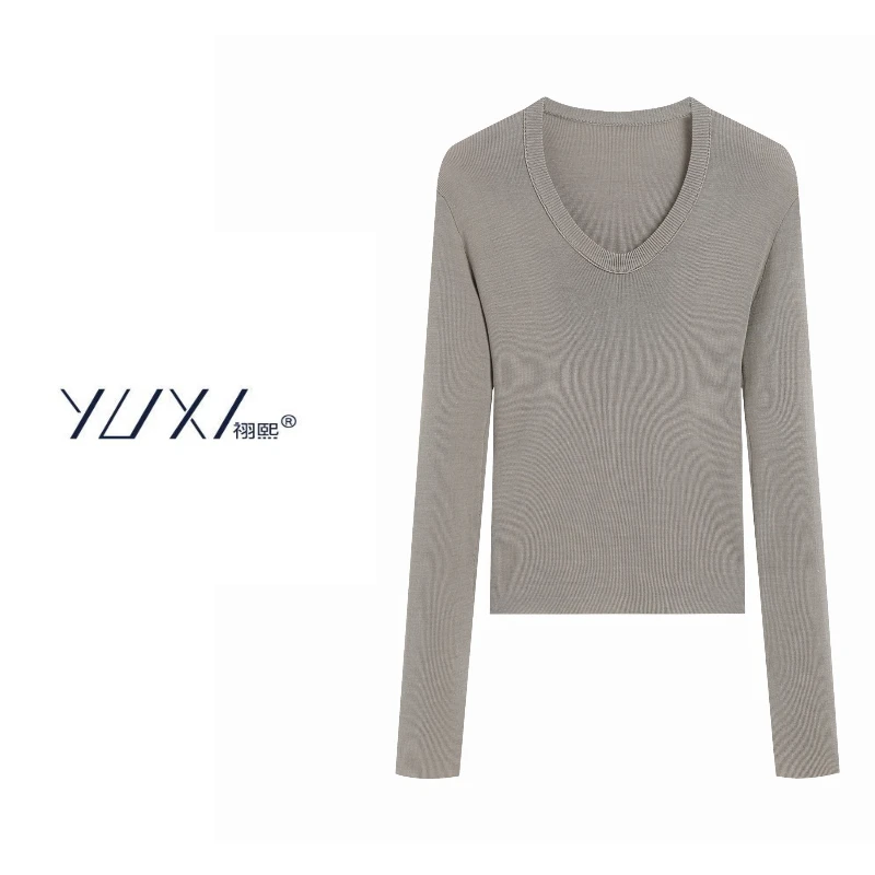 YUXI/祤熙新款针织打底衫修身高弹长袖纯色百搭U型鹅蛋领显瘦